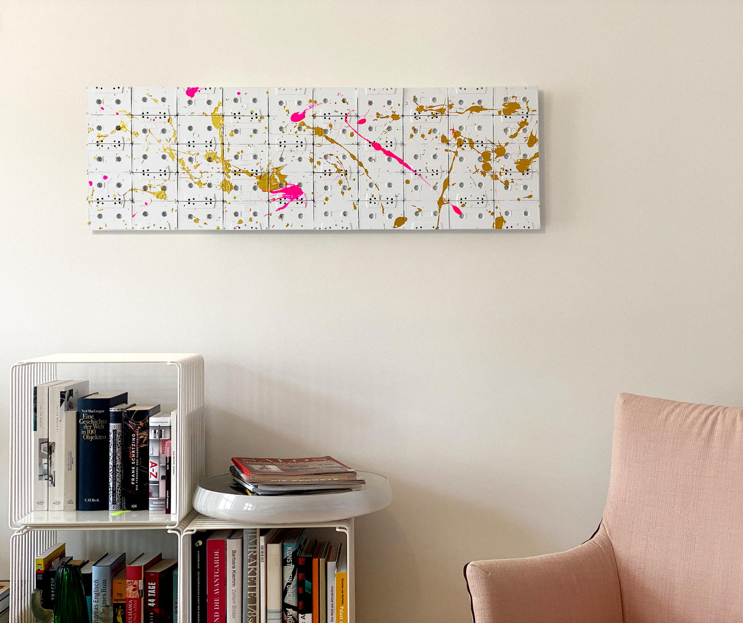 vintage tapes 30x100 canvas - gold + pink acrylic